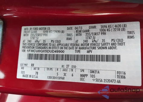 2013 Ford Escape Se from USA, damaged, VIN 1FMCU0GX5DUD49900